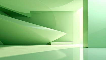 Abstract green architectural interior with angular surfaces, layered panels, glossy textures, and soft diffused lighting.