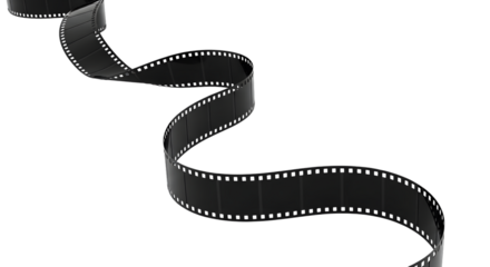 Unwound black film strip with perforations isolated on transparent background