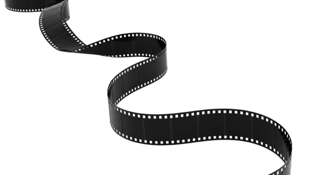 Unwound black film strip with perforations isolated on transparent background