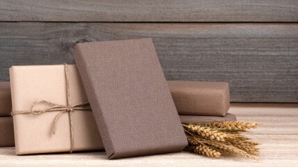 Rustic gift wrapping with brown packages and wheat stalks on a wooden table, ideal for seasonal celebrations
