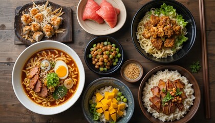 A vibrant Japanese meal set featuring ramen, sushi rolls, grilled meat with rice, fresh vegetables, and colorful side dishes, beautifully served in black bowls