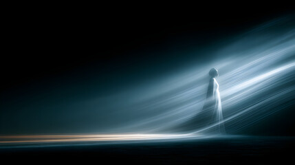 Transparent mist figure floating in moonbeam, cinematic long exposure streak, atmospheric rim backlighting, cool analogous palette, ethereal conceptual wallpaper