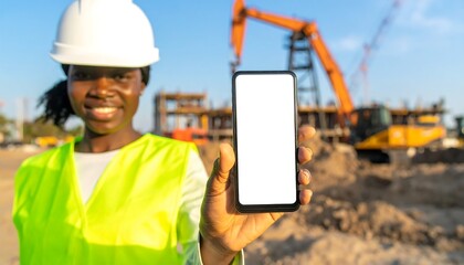 Woman engineer showing phone on construction site