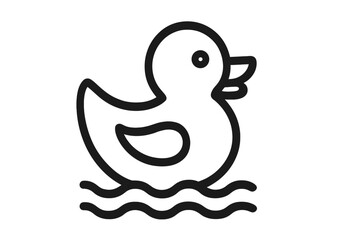Rubber duck line icon. Cute baby bath toy symbol. Simple outline vector illustration for childhood, bathroom, and fun concepts. Black and white minimalist character design.