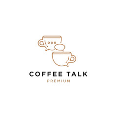 Vector art of coffee talk premium logo featuring two coffee cups with speech bubbles, perfect for coffee shop branding