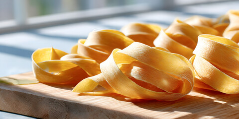 Raw tagliatelle pasta nests on a wooden board in natural sunlight, ready for cooking and showcasing texture and freshness