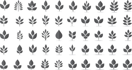Fototapeta premium Set of 49 Minimalist Dark Gray Leaf and Foliage Vector Icons: Organic, Nature, Growth Logos