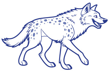 Smiling Cartoon Hyena Walking with Spotted Pattern Design in Blue Outline