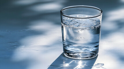 Glass of clean sparkling water on a blue surface with light and shadow reflections