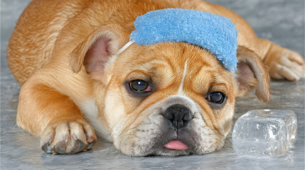Adorable brown bulldog puppy lying on floor with blue ice pack on head and tongue out next to melting ice cube