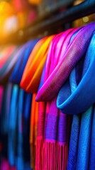 Vibrant display of colorful scarves hanging in a market, showcasing textile art and craftsmanship