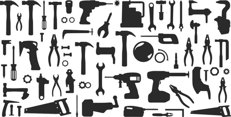 Black tool icons set vector silhouette collection with hammer, wrench, and screwdriver illustrations