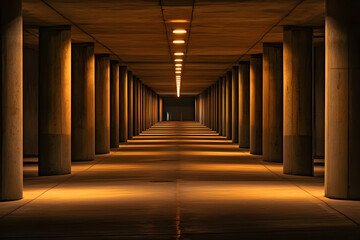 Empty underground tunnel with symmetrical concrete columns and warm artificial lighting creating a moody, futuristic atmosphere