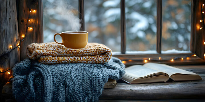 Cozy winter scene with warm knitted sweaters, a steaming cup of coffee and an open book on a wooden windowsill with fairy lights and snow outside - Powered by Adobe