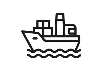 Obraz premium Cargo ship line icon for logistics and transportation. Freight boat symbol for global shipping and delivery service. Vector outline pictogram for web, app, UI design. Maritime container vessel.