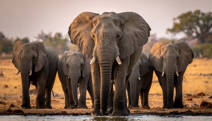 Fototapeta premium A majestic herd of African elephants gathering at a waterhole.
