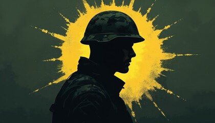 Soldier profile illustration. Military man in helmet silhouette faces bright light. War veteran suffers depression with mental health issues, needs support, therapy, emotion rehab after combat zone.