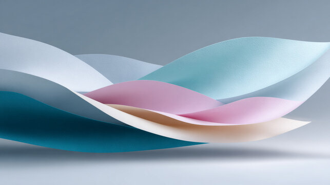 Colorful pastel paper sheets floating in abstract wave shape on soft gradient background