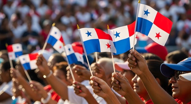 Close-up of hands holding small Panama flags during Independence Day celebration, crowd in background, patriotic mood, november - Powered by Adobe