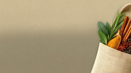 A rustic canvas bag filled with vibrant spices and herbs, set against a neutral background