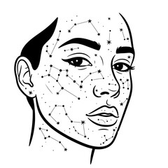 Woman face with constellations line art celestial illustration, ethereal beauty, cosmic patterns, minimalist black and white drawing isolated on white background design.