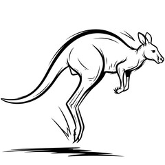 Kangaroo jumping line art illustration dynamic motion, power, agility, bold black and white sketch, wildlife drawing isolated on white background conceptual design.