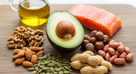 Healthy fats food selection on wooden board, avocado, salmon, nuts