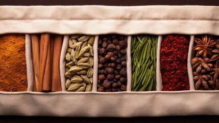 A vibrant assortment of spices neatly arranged in fabric pouches, showcasing rich colors and textures