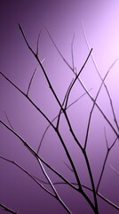 Bare branches silhouetted against a soft purple gradient background, creating a minimalistic and serene composition.