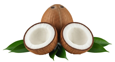Isolated fresh and ripe coconuts halved with green leaves, a tropical healthy summer fruit