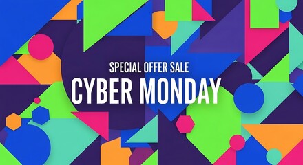 Vibrant cyber monday sale announcement with geometric shapes