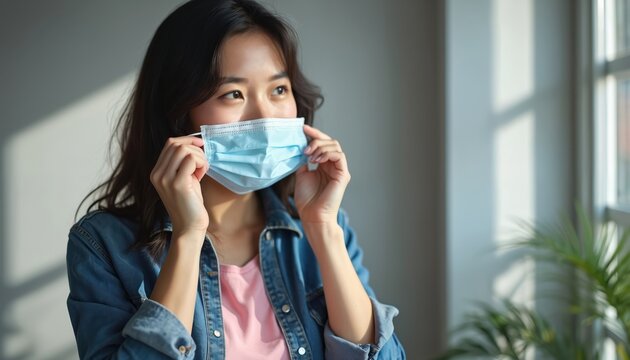 Young Asian woman removes medical face mask indoors. Looks away with thoughtful, hopeful expression. Natural light falls on face from window. Woman feels relief about end of pandemic life returning