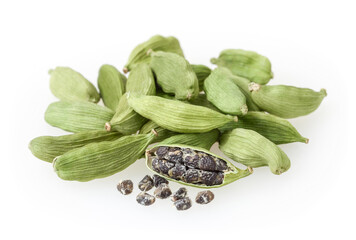 Green cardamon pods isolated on white background