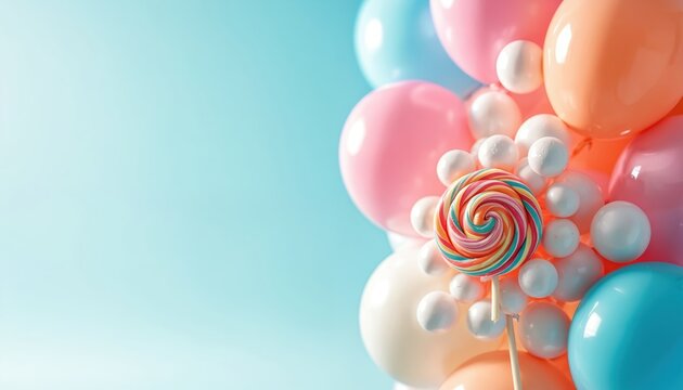Cheerful arrangement features colorful pastel balloons in pink, blue, peach, white. Vibrant swirl lollipop stands out among small white spheres. Sweet festive decor creates joyful background against - Powered by Adobe