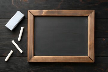 Empty Black Chalkboard with Wooden Frame on Dark Wood Surface with Chalk and Duster Top View