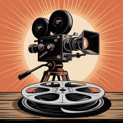 A minimalist illustration of a vintage movie camera silhouette in black against a bright orange sunburst background.