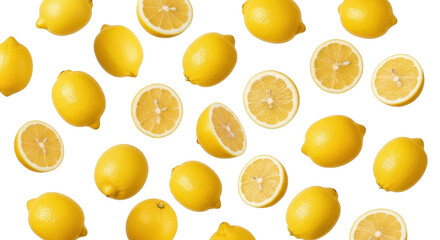 Isolated vibrant whole lemons and lemon slices in seamless pattern, juicy yellow citrus fruit