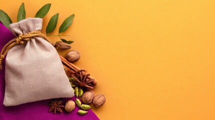 A fabric pouch filled with spices and nuts placed on a vibrant orange background with leaves