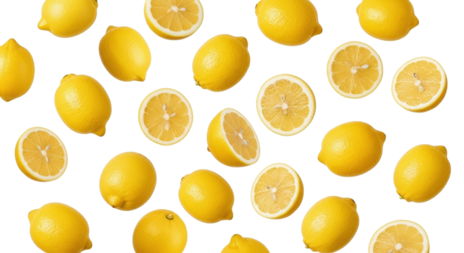 Isolated vibrant whole lemons and lemon slices in seamless pattern, juicy yellow citrus fruit