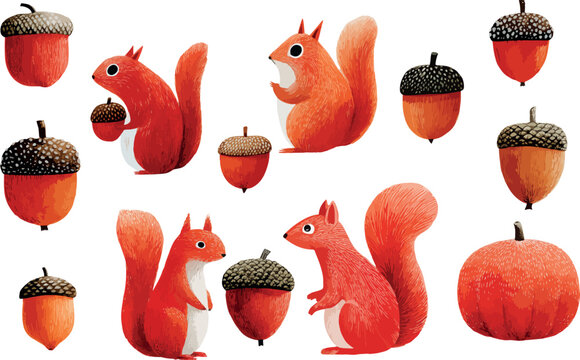 set of  watercolor hand-drawn vector of squirrels and arcon