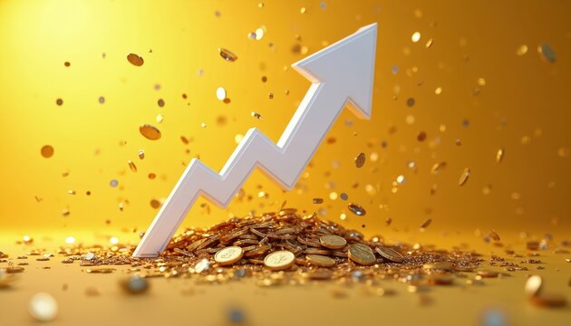 White arrow rises above a pile of gold coins. Coins and gold confetti fall. Financial growth increase concept. Business success illustration. Wealth prosperity economy. - Powered by Adobe