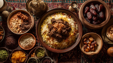Traditional Middle Eastern feast with lamb biryani, dates, nuts, and assorted side dishes served on a patterned tablecloth

