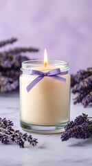 A serene lavender candle burns softly amidst fresh lavender sprigs, creating a calming atmosphere