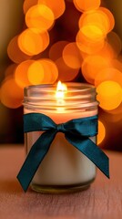 Cozy candle lit in glass jar with teal ribbon, glowing against a warm bokeh background of lights