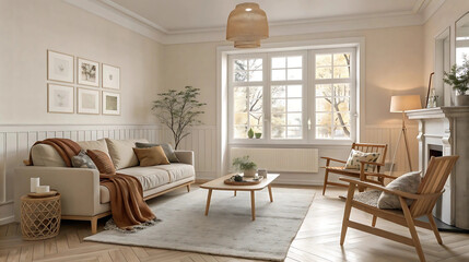 Scandinavian Style Living Room with Neutral Colors and Natural Light – Use for Interior Design Blogs, Real Estate Listings, Home Decor Inspiration