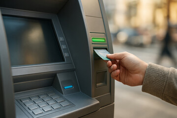 Close-up of a hand inserting a bank card into an outdoor ATM machine on a busy city street, with blurred pedestrians, cars, and tall glass buildings in the background.	
