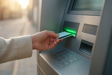 Close-up of a hand inserting a bank card into an outdoor ATM machine on a busy city street, with blurred pedestrians, cars, and tall glass buildings in the background.	
