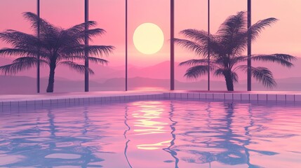 Swimming pool reflects the sunset behind palm trees through minimalist architectural structure in a vaporwave color palette.