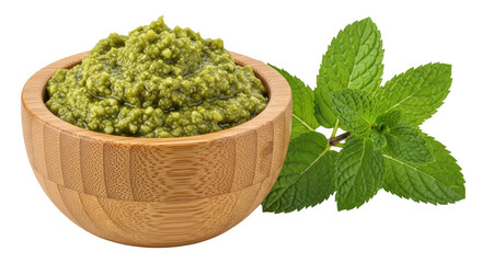 Isolated bowl of pesto sauce with fresh mint leaves ready for serving, delicious green sauce