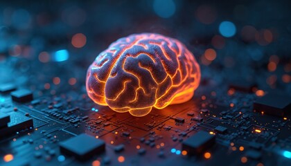Fototapeta premium AI brain glows on tech motherboard. Artificial intelligence concept presents neural pathways. Tech innovation displays computing power on microchip circuit board. Futuristic machine learning
